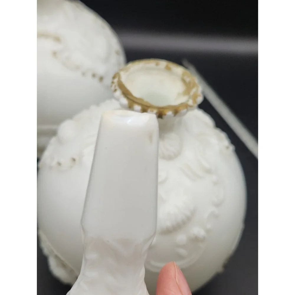 Set Of 2 Antique Milk Glass Vanity Bottles With Stoppers Gold Trim